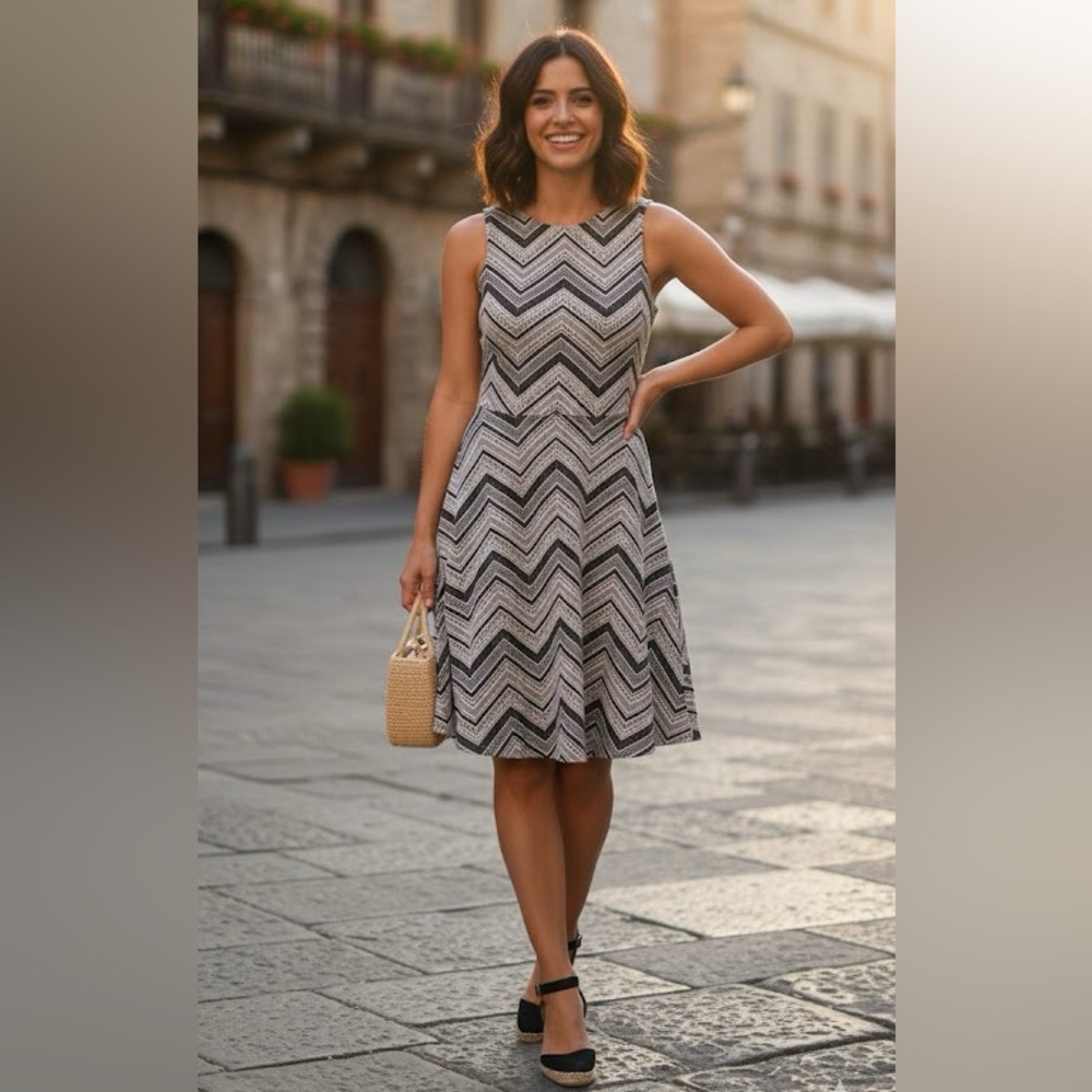 Francesca’s Black and beige chevron design skater dress women’s medium back open